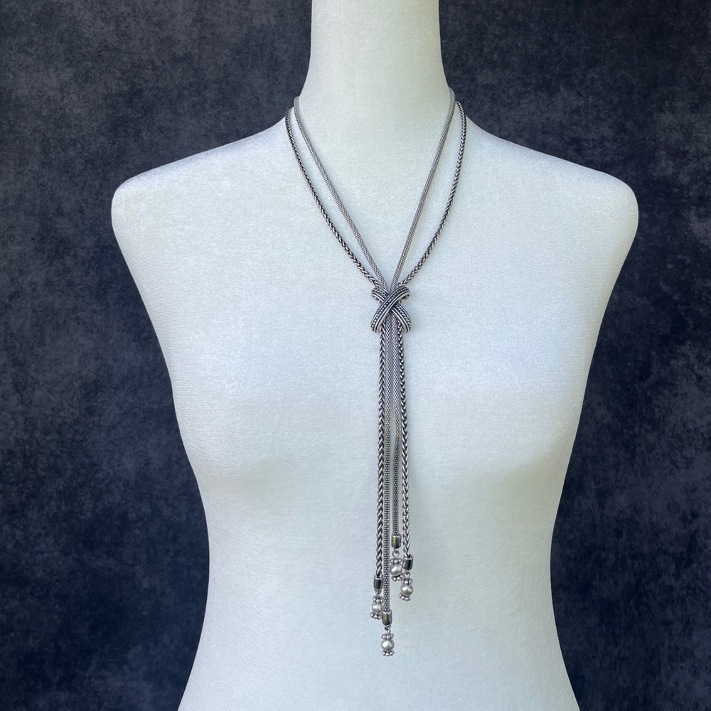 Chico's Silver Tone Multi Strand Lariat Tassel Necklace Knot Chic Statement